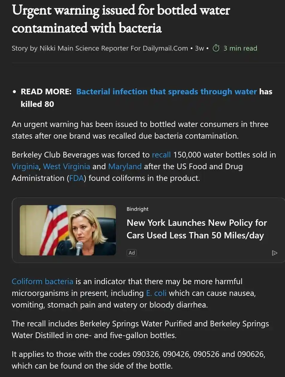 A screenshot of a Dailymail.com article about a bottled water recall due to bacterial contamination, with an overlaid…