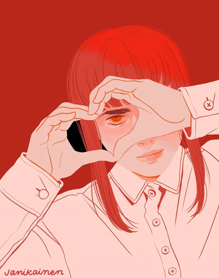 An illustration of a person with red hair and a pink shirt, using both hands to frame their face and hide their eyes from…
