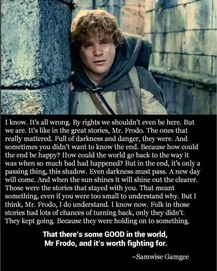 The image shows a scene from 'The Lord of the Rings' featuring Samwise Gamgee, who is leaning against a stone wall with a…