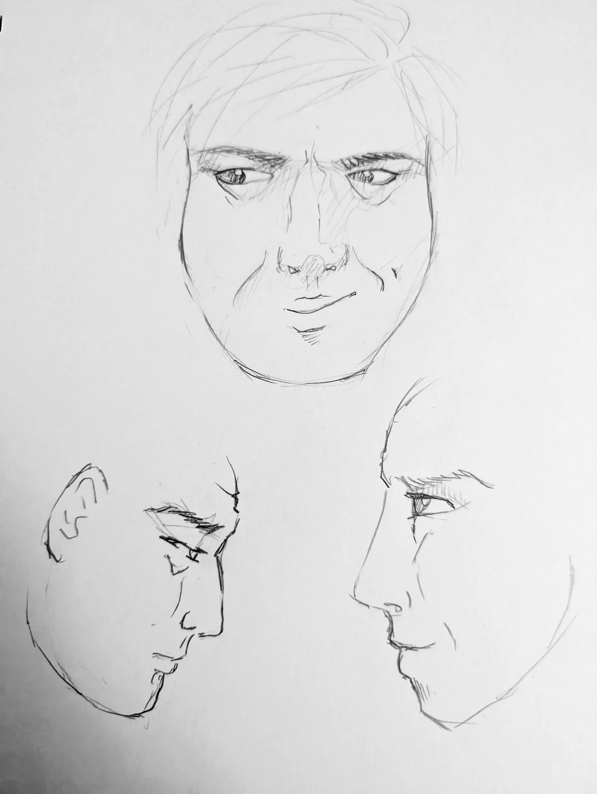 A pencil sketch shows three drawings of a man's face: a front view with a smug expression, and two side profiles. The…