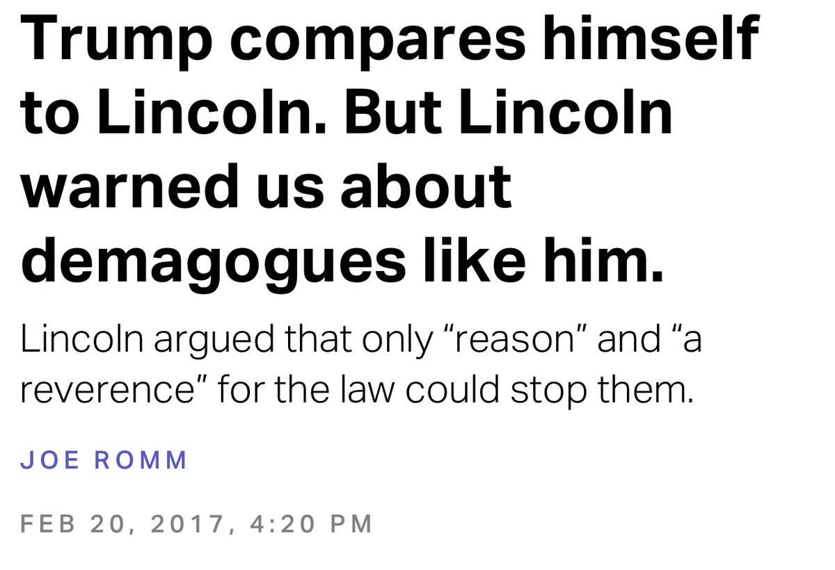 The image displays a screenshot of a news article by Joe Romm dated February 20, 2017, with bold black text stating: 'Trump…
