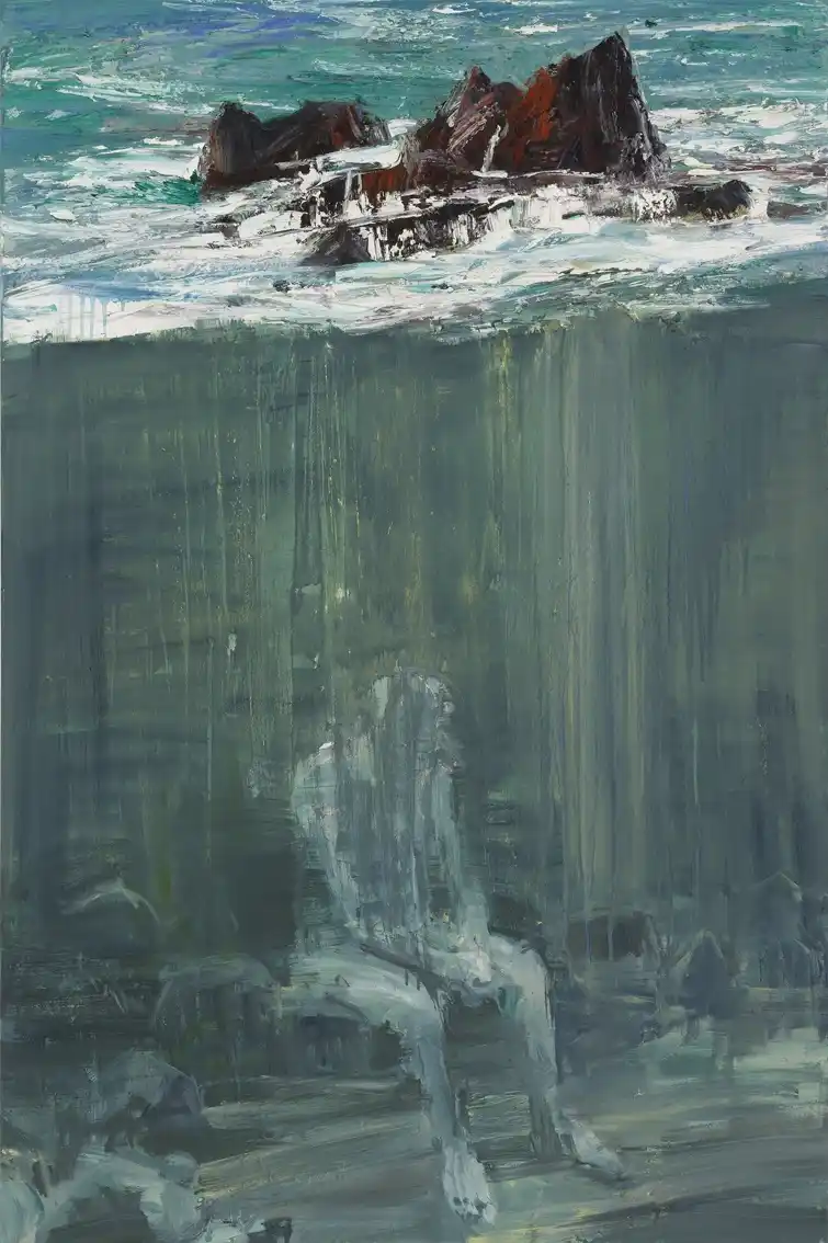 An abstract painting shows a turbulent ocean surface with jagged rocks above water, while below the surface, a pale, ghostly…