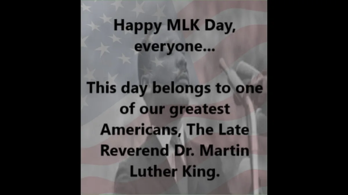 A black-and-white photo of Dr. Martin Luther King Jr. speaking into a microphone, overlaid with text that reads 'Happy MLK…
