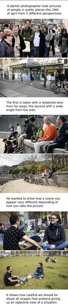 This image collage shows a Danish photographer's project comparing two photos of the same public scene: one taken from afar…