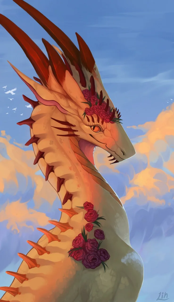 A beautifully illustrated dragon with a light orange and cream-colored body, adorned with red and purple roses on its head…