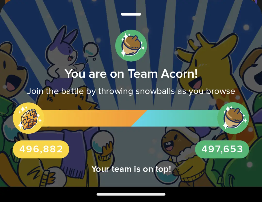 A screenshot from a mobile game interface showing a scoreboard with two teams: 'Team Acorn' (green) and 'Team Wheat'…