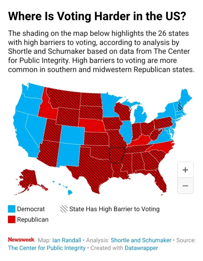 A map of the United States with states colored blue for Democratic and red for Republican, with red states also shaded…