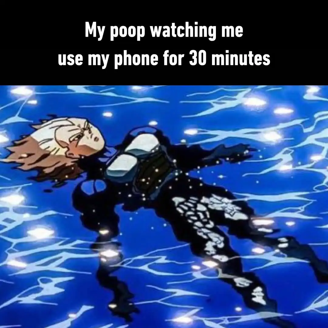 An anime character with white hair and a black outfit is floating face-up in blue water, eyes closed and expression serene…