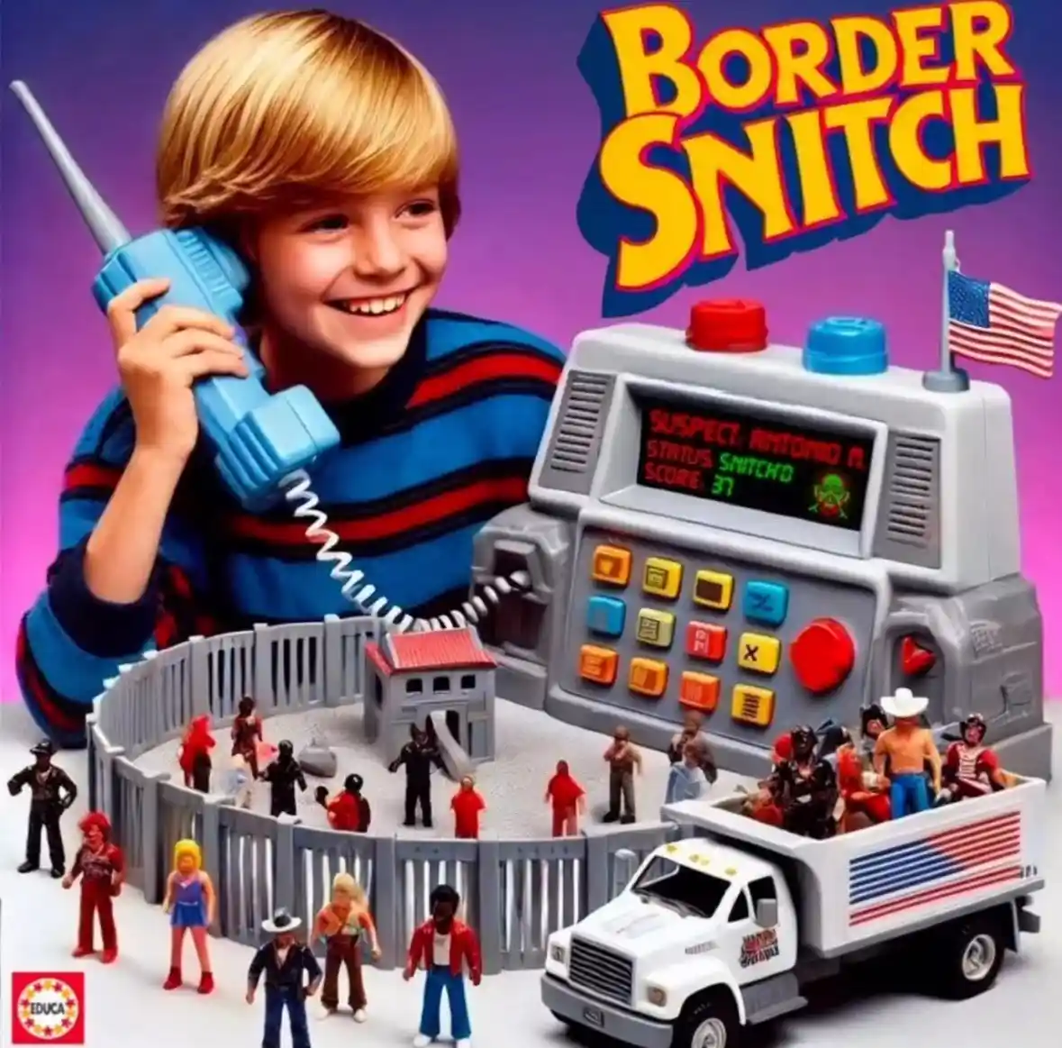 A vintage toy advertisement for 'Border Snitch' shows a smiling blonde boy holding a blue toy walkie-talkie. In front of him…
