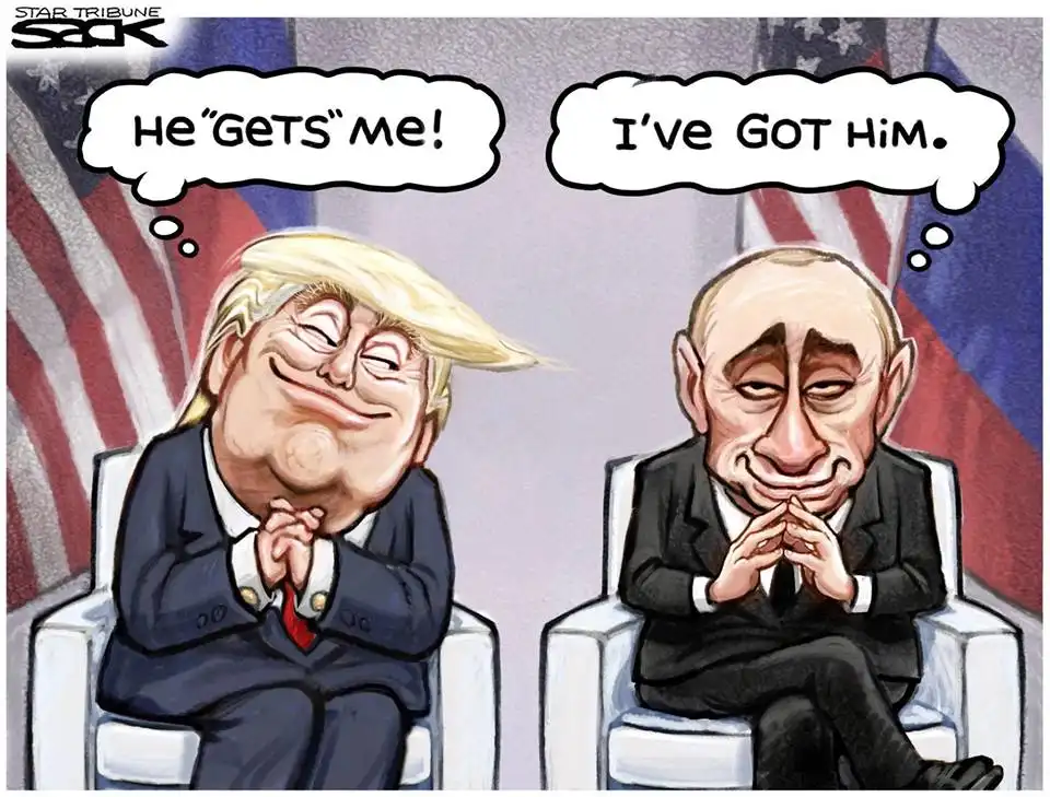 A political cartoon shows two caricatures, one of Donald Trump with a smug expression and the other of Vladimir Putin with a…