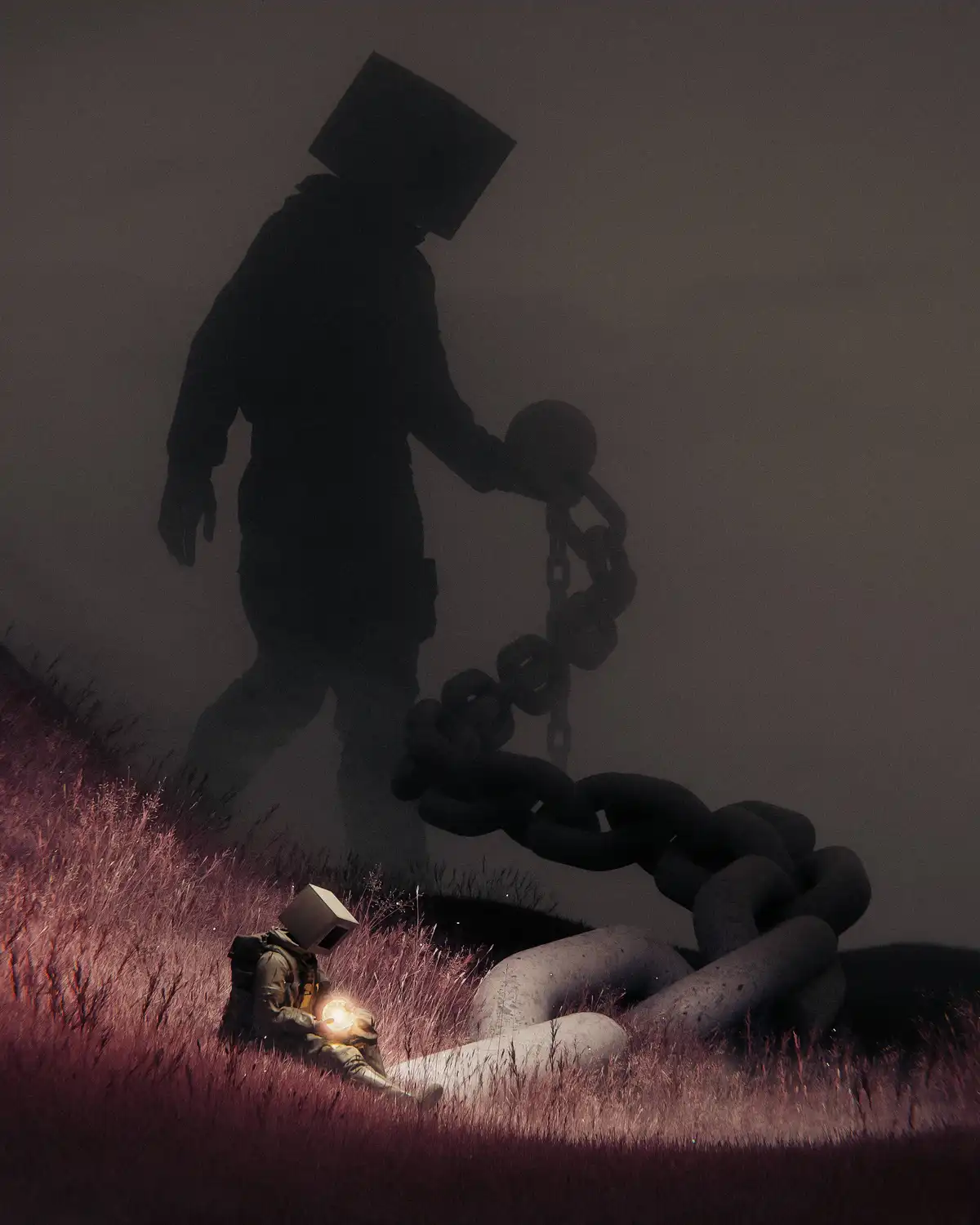 A dark, atmospheric image shows a small figure with a glowing orb in their hands, sitting in reddish grass. Behind them…