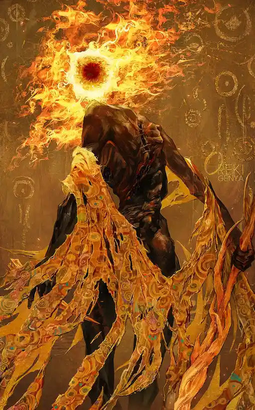 A dark, muscular humanoid figure with a fiery, sun-like orb for a head, surrounded by ornate, flame-patterned tendrils…