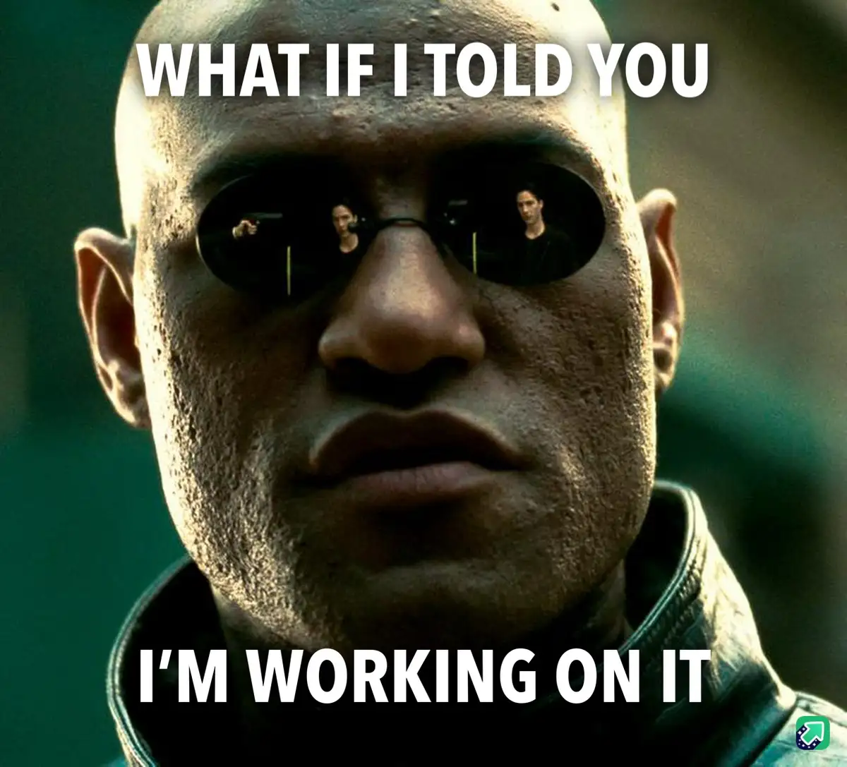 A close-up of the character Morpheus from The Matrix, wearing his signature dark sunglasses, with two figures visible in the…