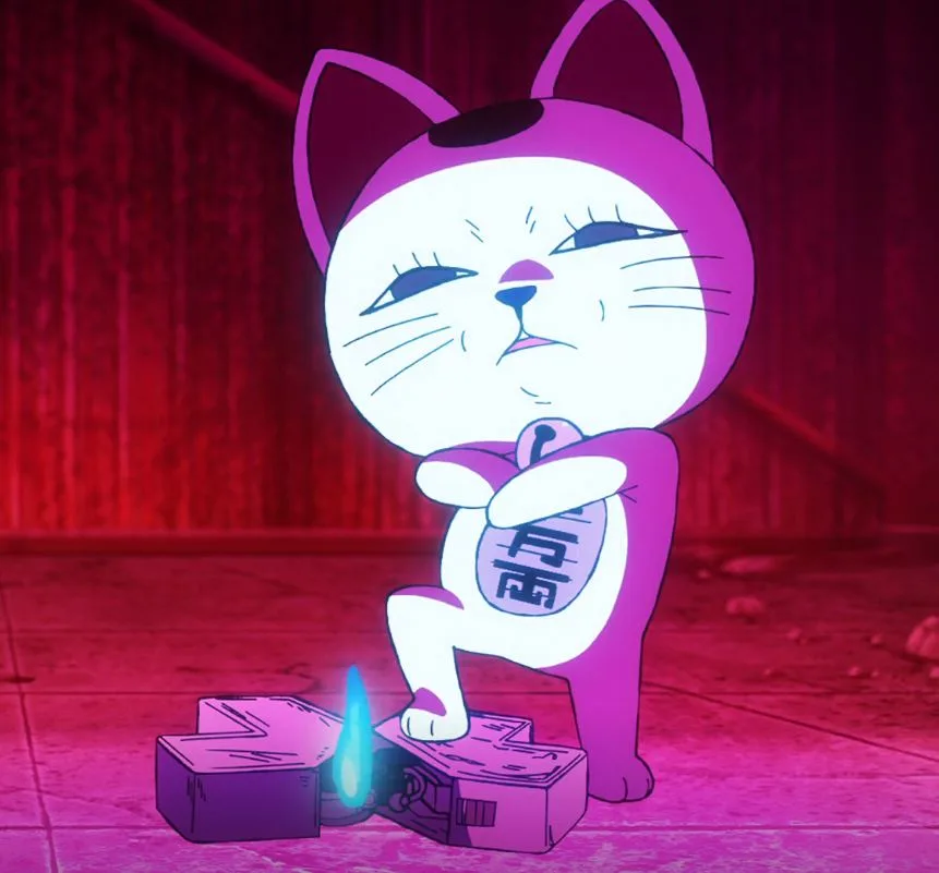A purple cartoon cat with a white face and chest, wearing a hood, stands with one foot on a broken device emitting a blue…