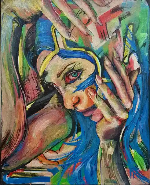 A colorful, abstract painting depicts a person with blue hair and intense green eyes, their face partially obscured as they…