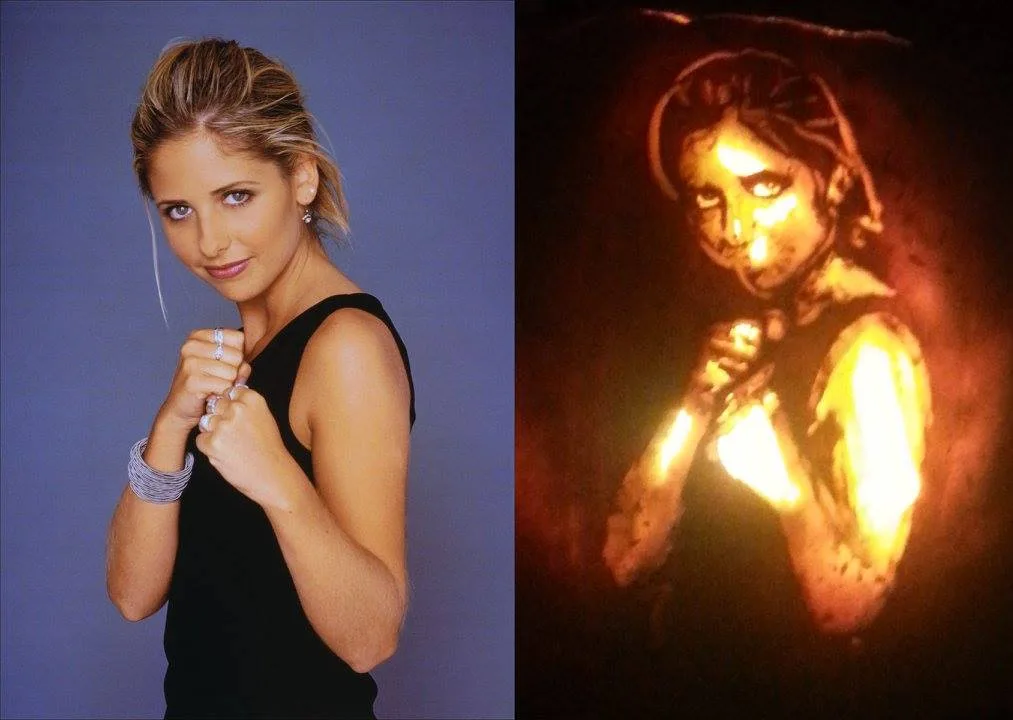 The image is a side-by-side comparison: on the left, a woman with blonde hair in a black top poses confidently with her…