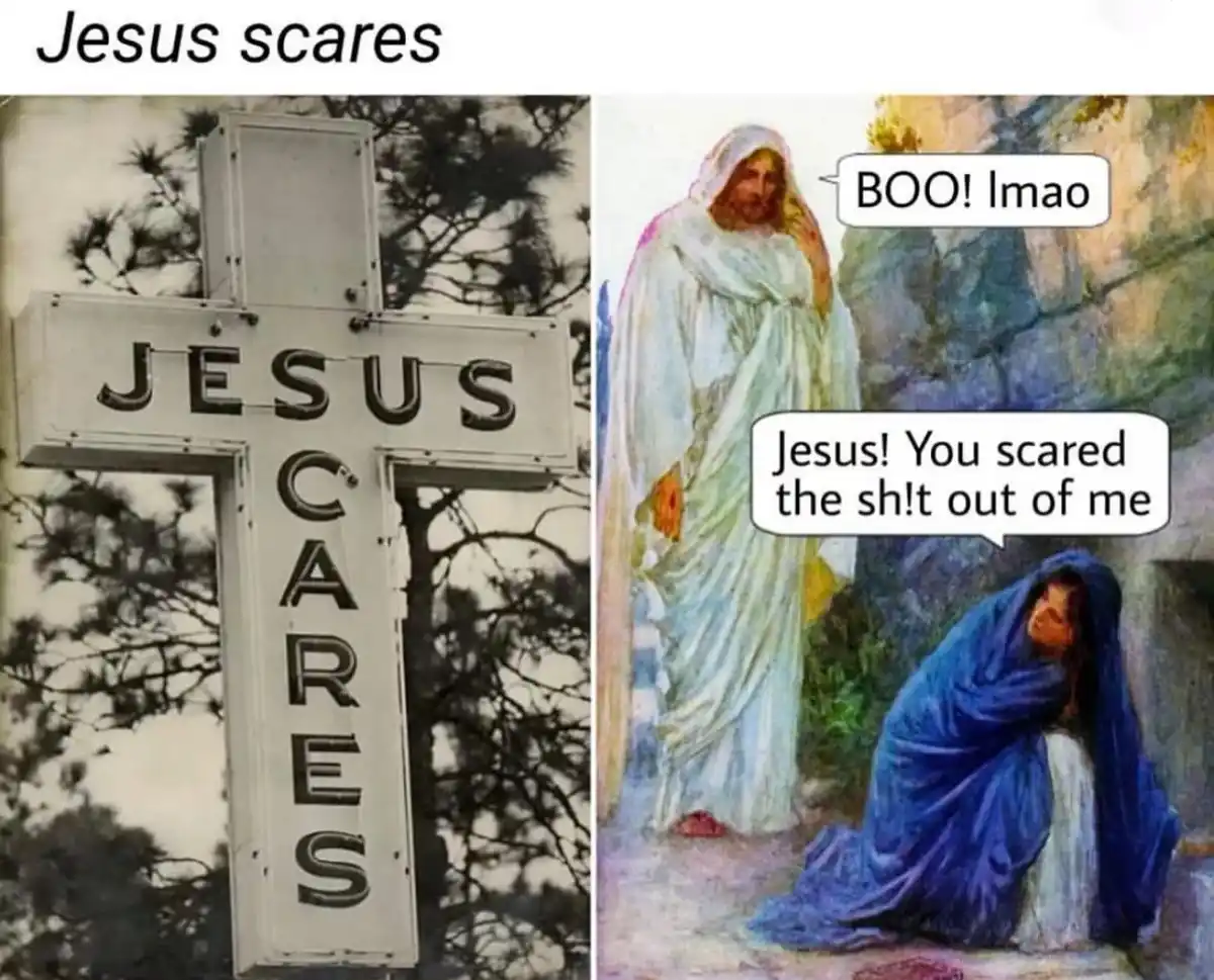 The image is split: left side shows a white cross sign reading 'JESUS CARES' among trees, right side shows a painting of…