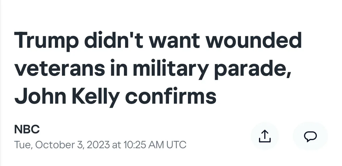 The image displays a screenshot of a news headline from NBC dated October 3, 2023, stating 'Trump didn't want wounded…