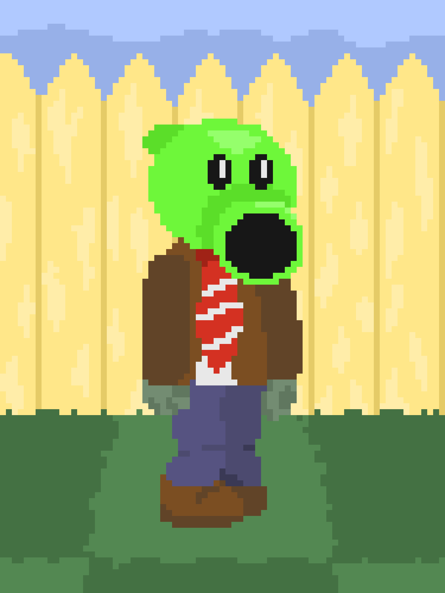 A pixelated green dinosaur-like character with a large black mouth, wearing a brown jacket, red scarf, and purple pants…