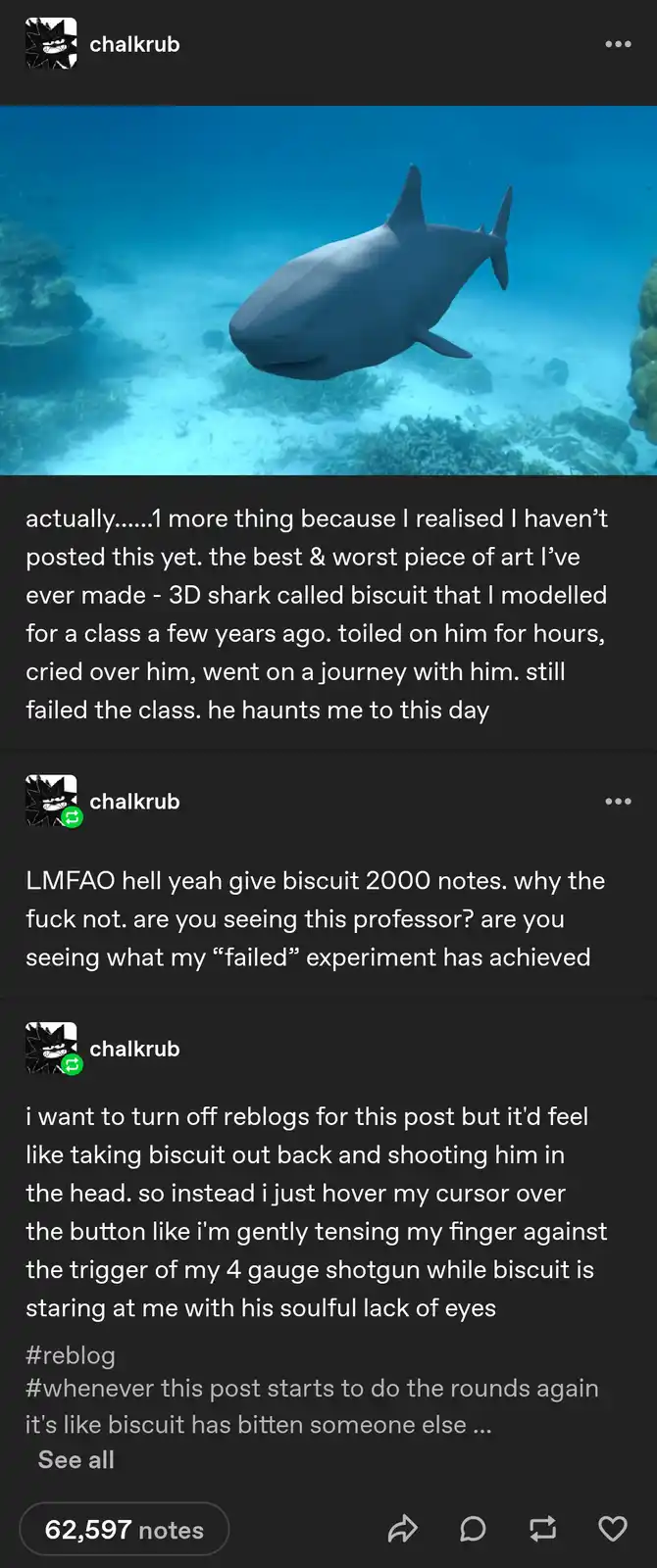 The image shows a 3D-rendered shark swimming underwater, with coral and sandy ocean floor visible. Overlaid text from a…