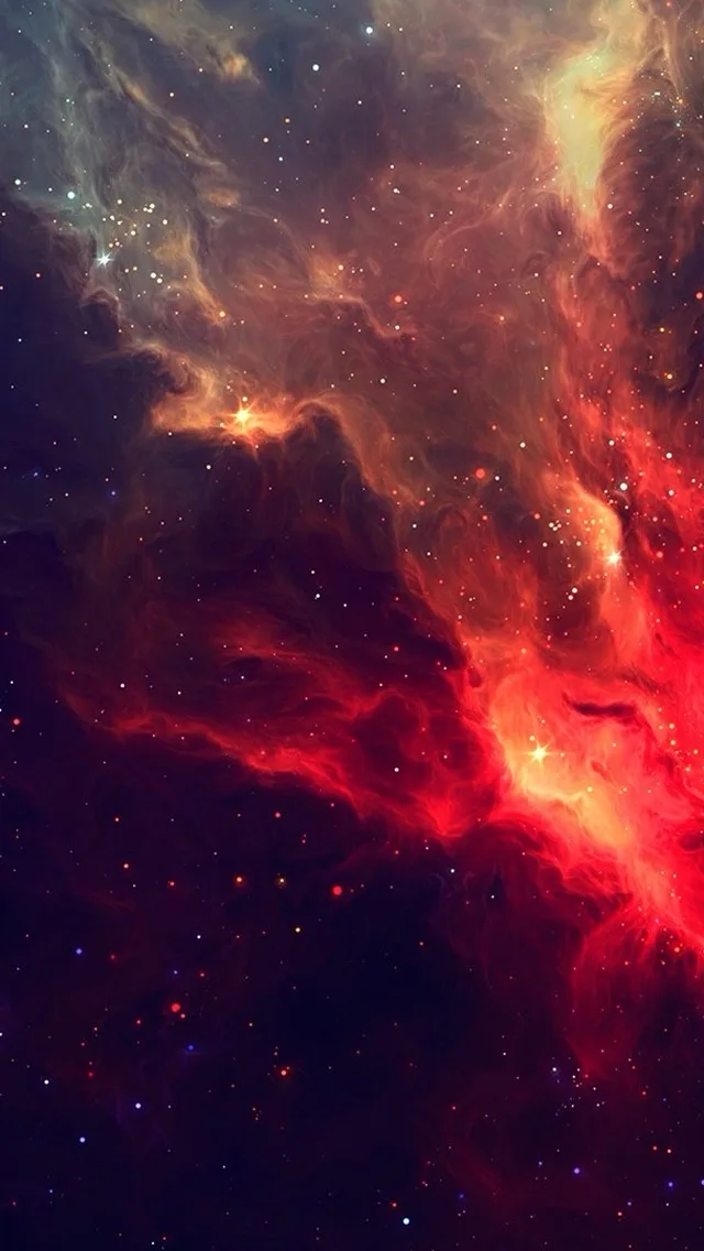 A vibrant cosmic nebula image with swirling red, orange, and dark clouds against a starfield, overlaid with the text 'i'm…