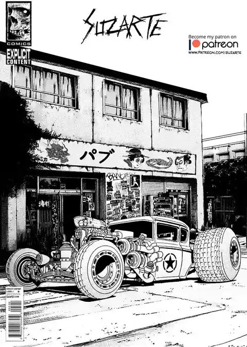 A black-and-white comic book cover by Suzarte featuring a heavily modified, low-slung hot rod with oversized tires parked in…