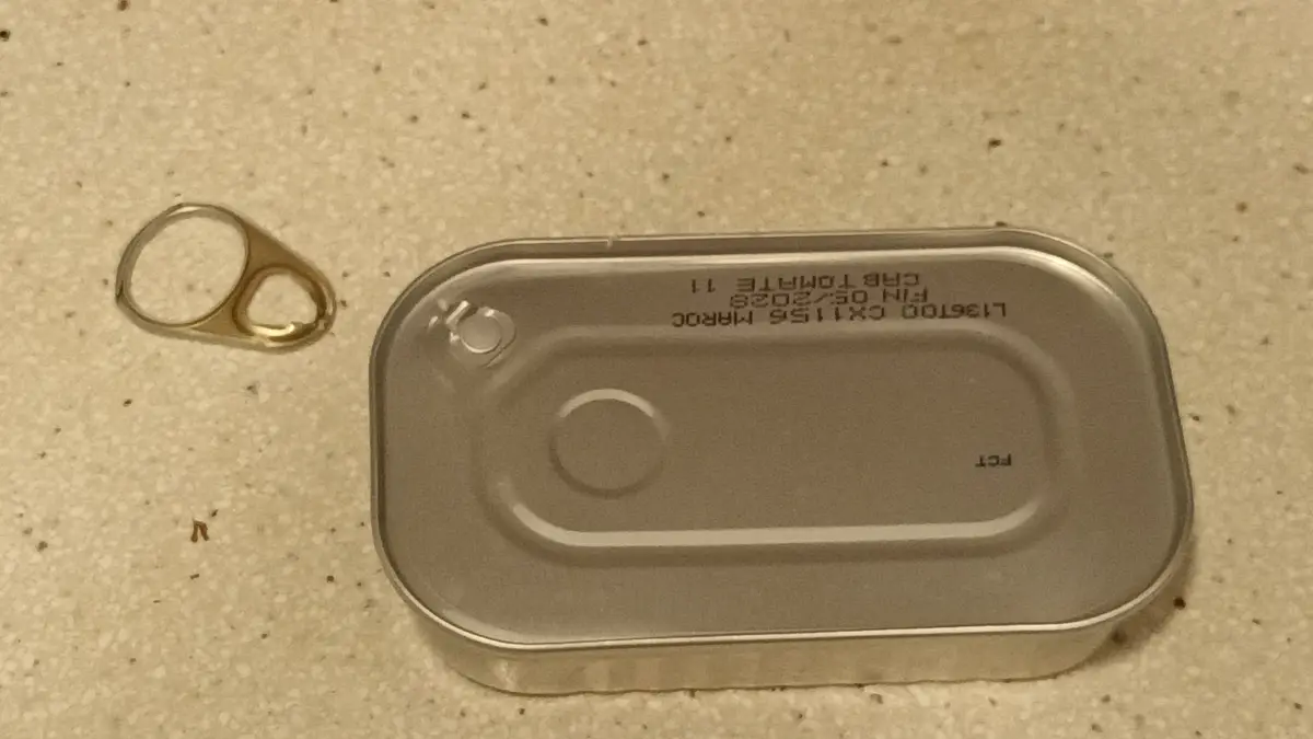 A gold-colored ring with a split design lies next to an opened metal can on a speckled countertop. The can's lid has printed…
