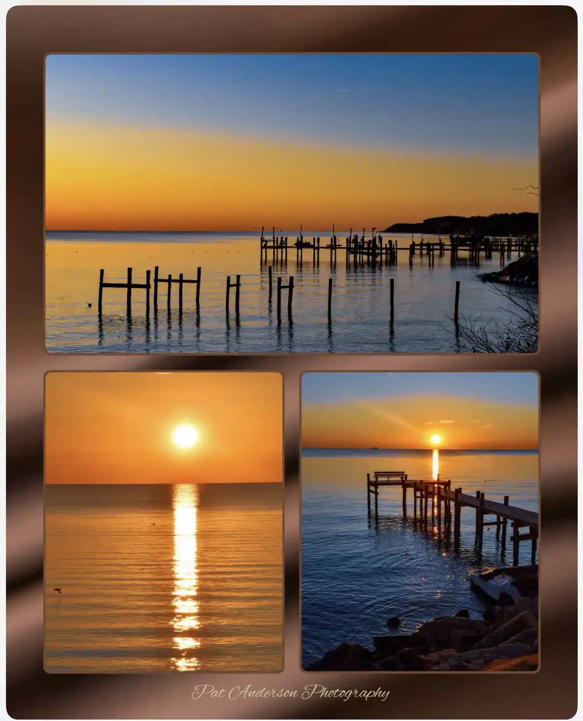 A collage of three sunset photos over water, featuring silhouetted docks, a bright sun reflecting on calm water, and a…