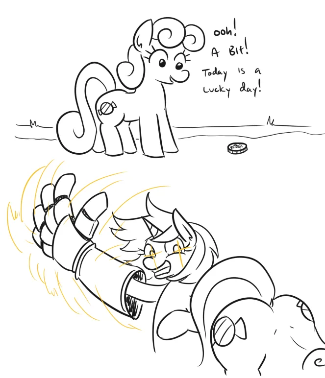 A two-panel cartoon shows a pony standing calmly and saying 'ooh! A Bit! Today is a Lucky day!' while a coin lies nearby. In…