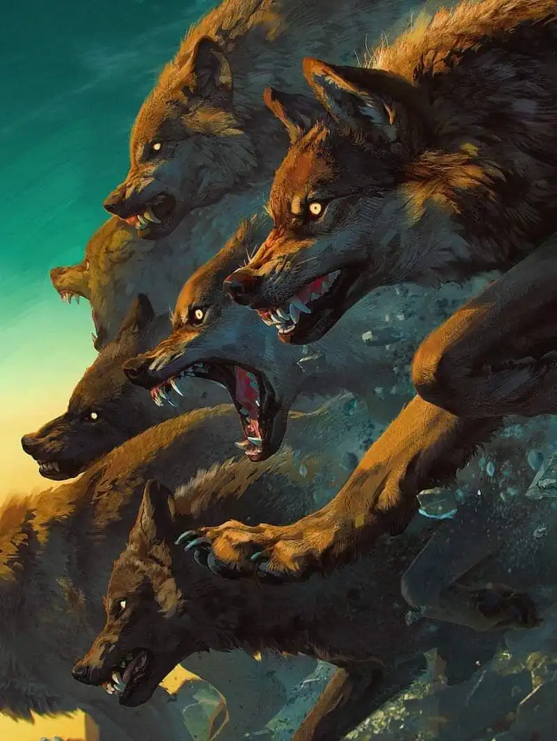 A dramatic illustration shows multiple snarling wolves emerging from water, their teeth bared and eyes glowing, with the…