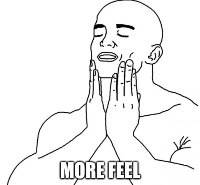 A black-and-white line drawing shows a bald man with his eyes closed and hands pressed to his cheeks, conveying intense…