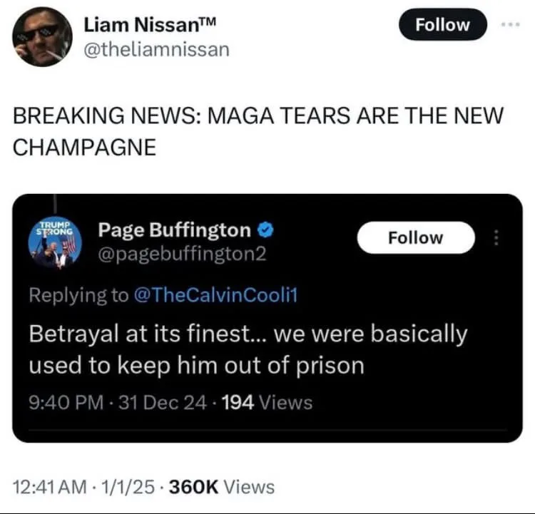 The image displays a screenshot of a Twitter post by Liam Nissan™, which reads 'BREAKING NEWS: MAGA TEARS ARE THE NEW…