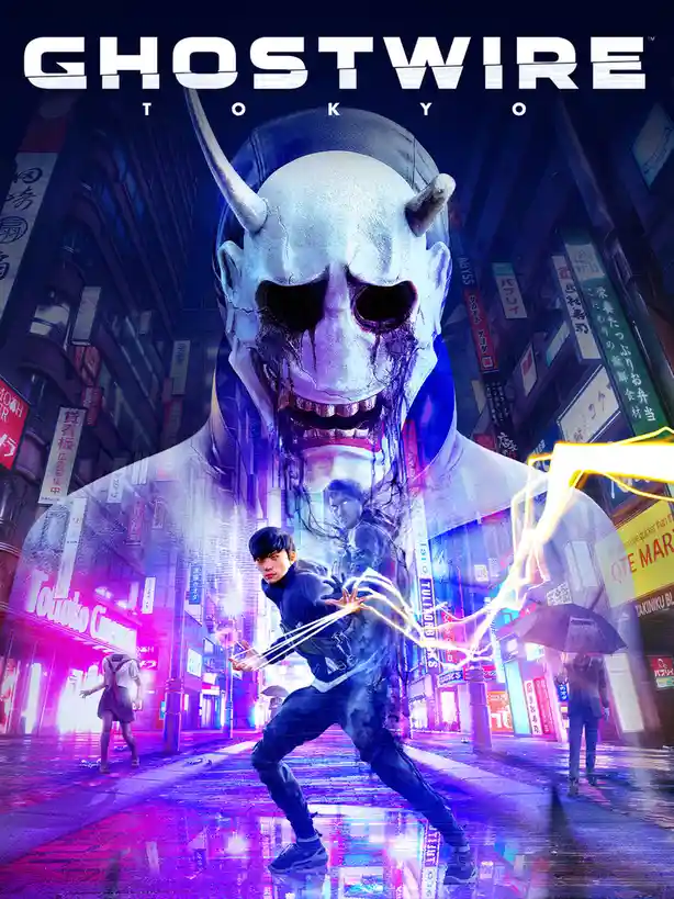 The image is promotional artwork for the video game 'Ghostwire Tokyo,' featuring a large, translucent, horned oni mask…
