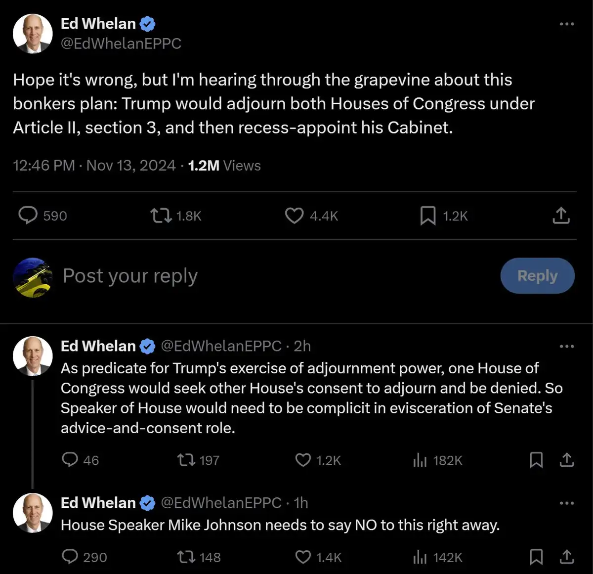 A screenshot of three consecutive tweets from Ed Whelan's verified Twitter account, detailing a speculative political plan…