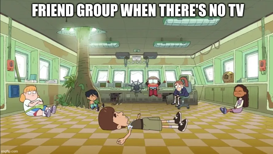 A scene from the animated show 'Gravity Falls' shows six children in a large, tree-filled room with checkered floors and…