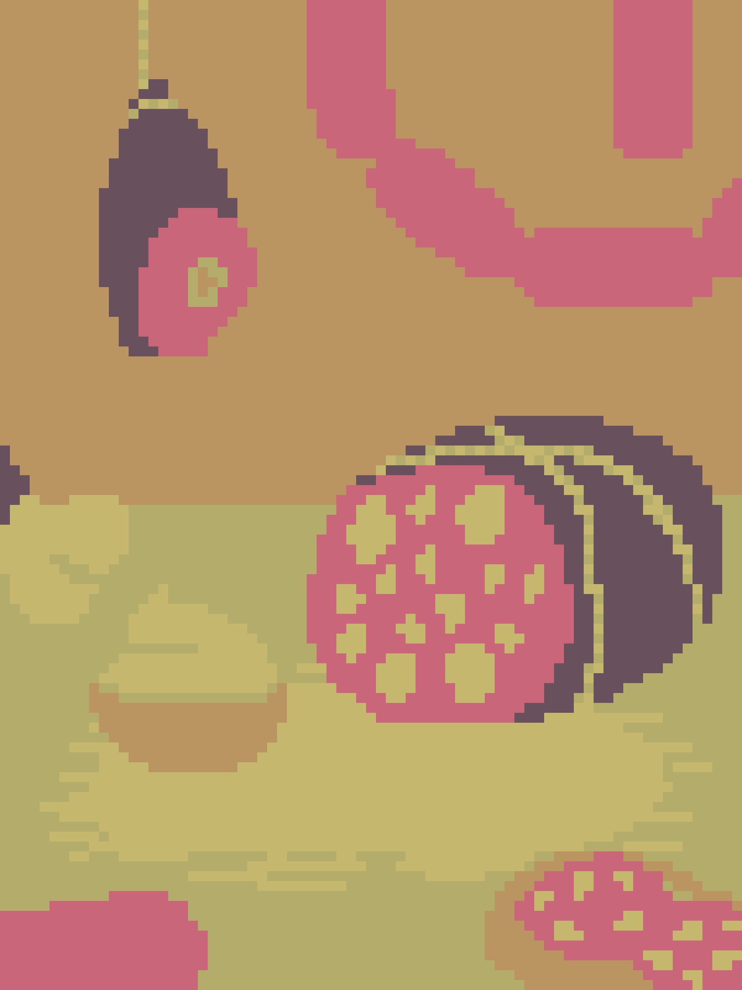 A low-resolution pixel art image shows a character with dark hair and a pink outfit, surrounded by pink and green objects…