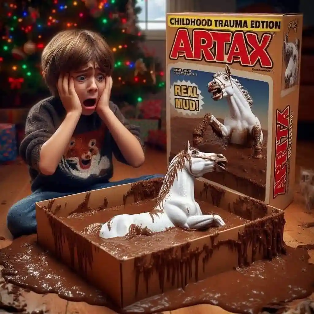 A young boy with a horrified expression sits on the floor in front of a Christmas tree, hands pressed to his face. In front…