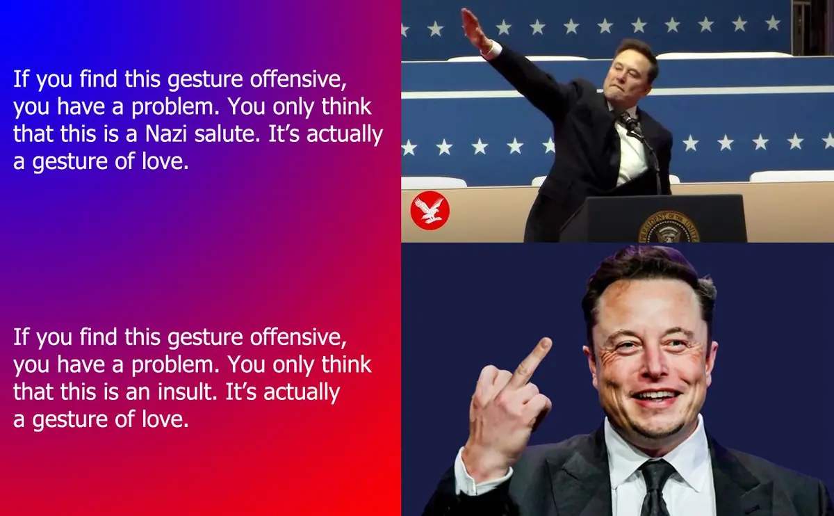 The image is split into two panels featuring Elon Musk. In the top panel, he raises his right arm in a salute-like gesture…