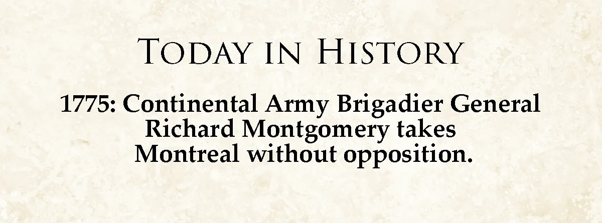 A beige parchment-style image displays black serif text reading 'TODAY IN HISTORY' followed by '1775: Continental Army…