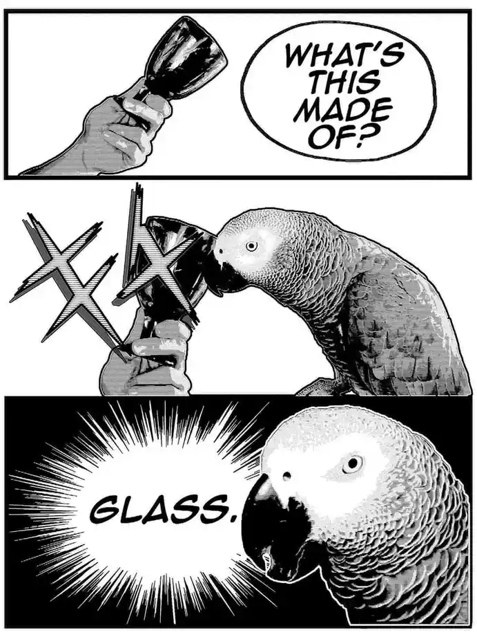 A three-panel black-and-white comic strip shows a hand holding a glass cup, asking 'WHAT'S THIS MADE OF?'. In the second…