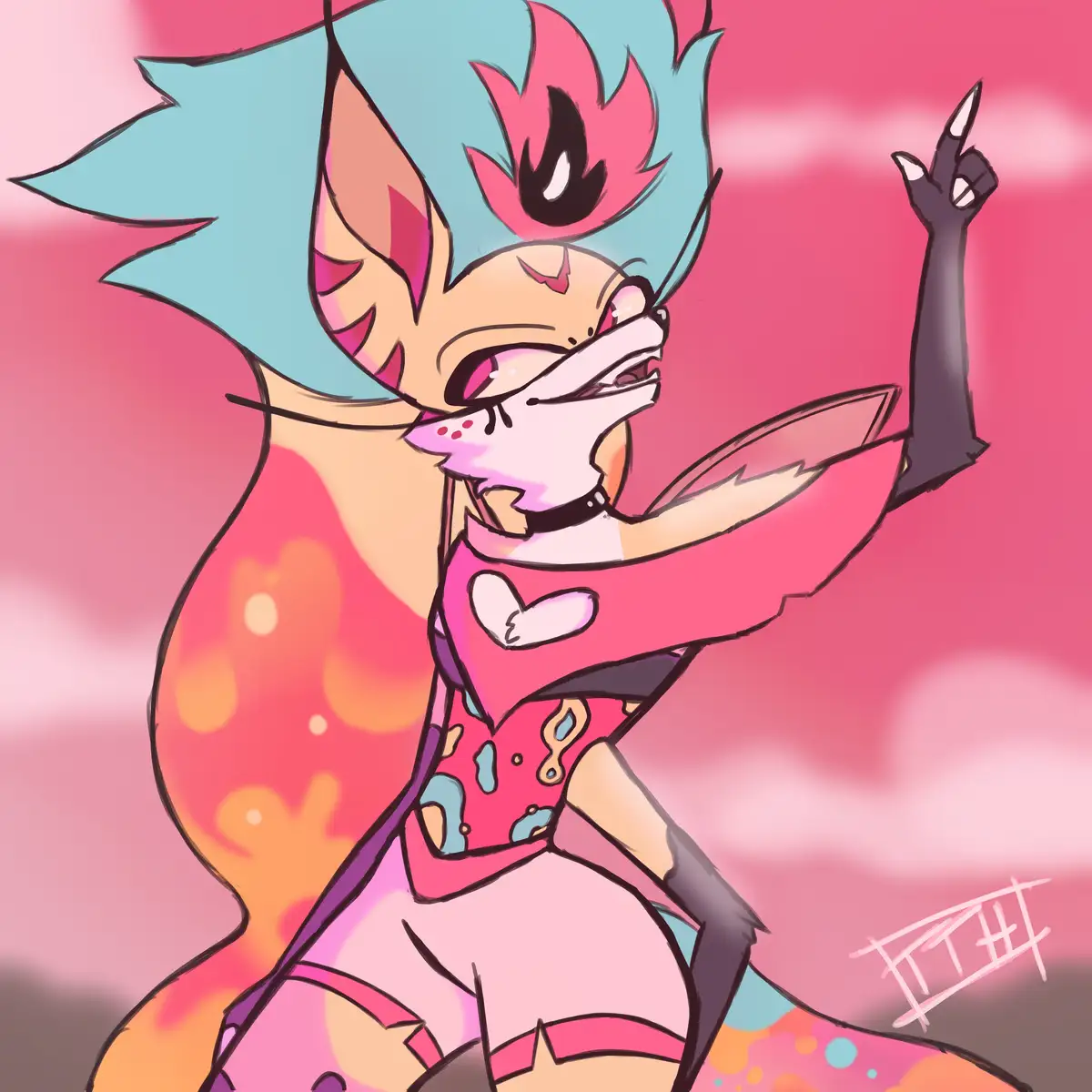 An anime-style anthropomorphic fox with turquoise hair and pink eyes, wearing a pink outfit with a heart emblem, is shown…