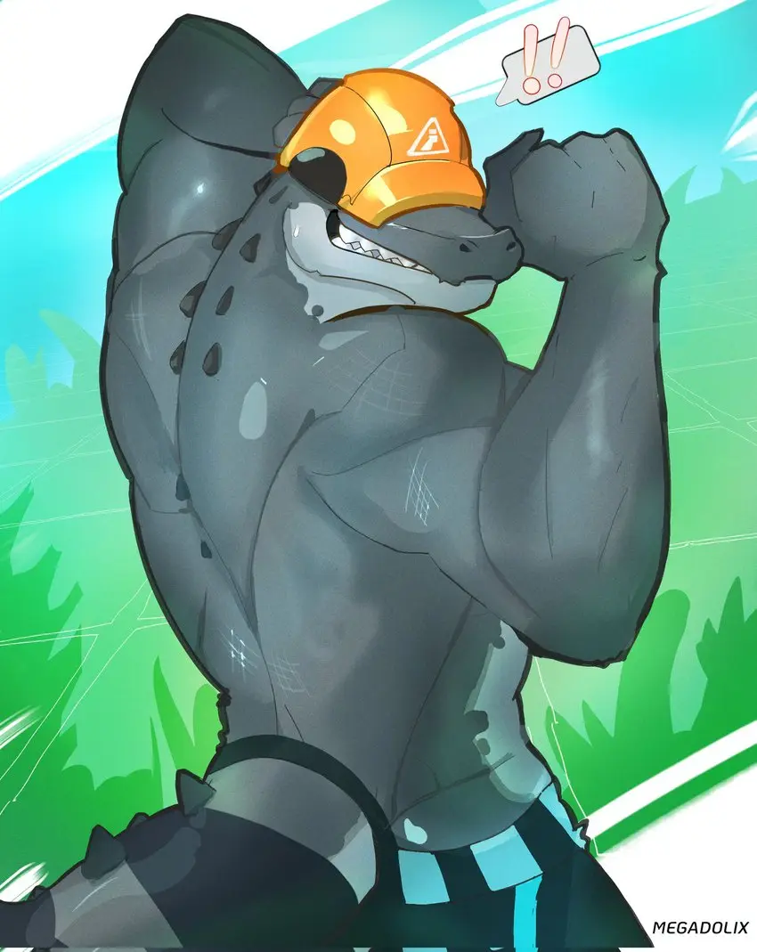 A muscular, grey anthropomorphic crocodile wearing an orange hard hat with a warning symbol flexes its bicep while smiling…