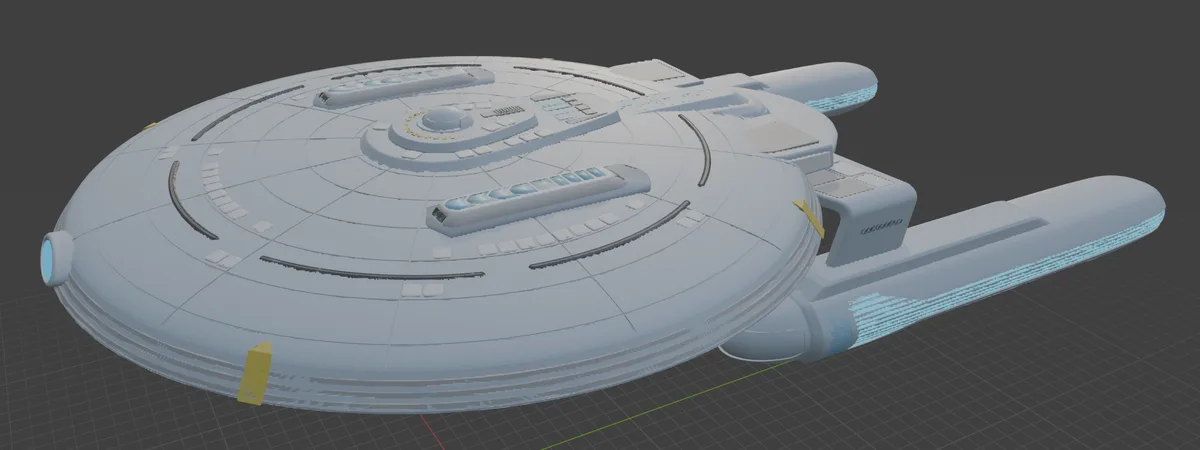 A 3d rendered model of the Star Trek Enterprise NCC-1701-D is shown in a 3D modeling software environment, missing its…