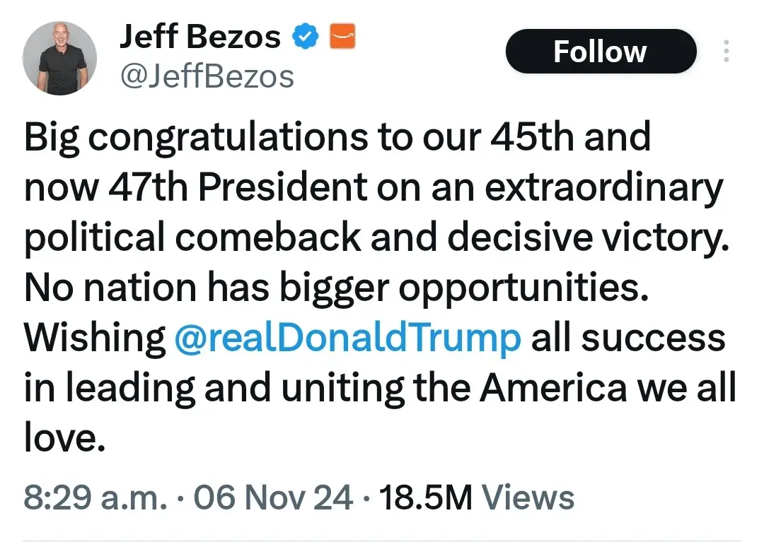 A screenshot of a fictional tweet from Jeff Bezos's Twitter account, which humorously congratulates Donald Trump on becoming…