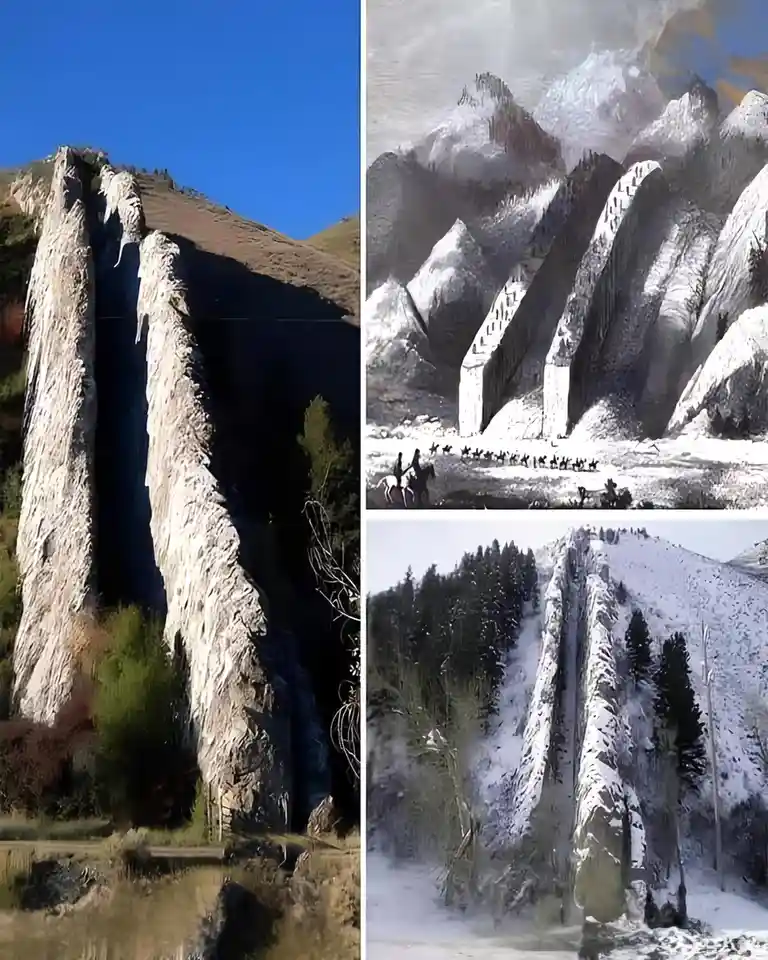 The image displays three photos of a natural rock formation resembling a valley with towering, narrow cliffs. The left photo…