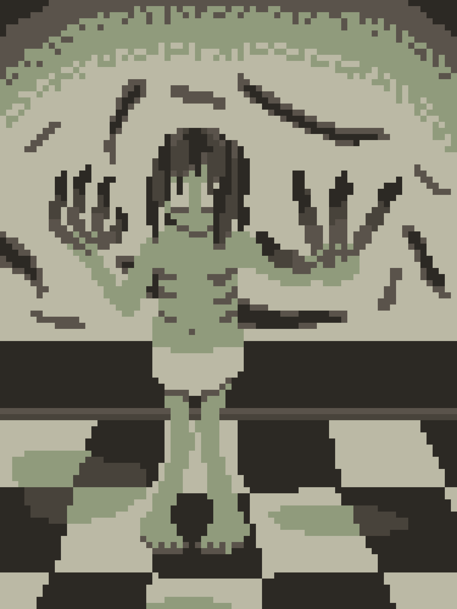 A low-resolution pixel art image shows a green-skinned, horned humanoid figure with dark hair, wearing a black top and…