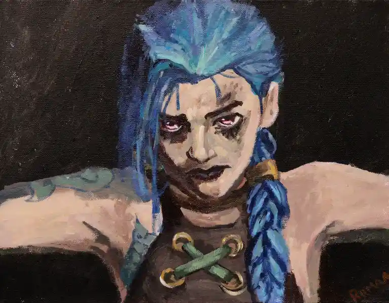 A painted portrait of a person with spiky blue hair, braided down one side, and glowing pink eyes, wearing a dark top with…