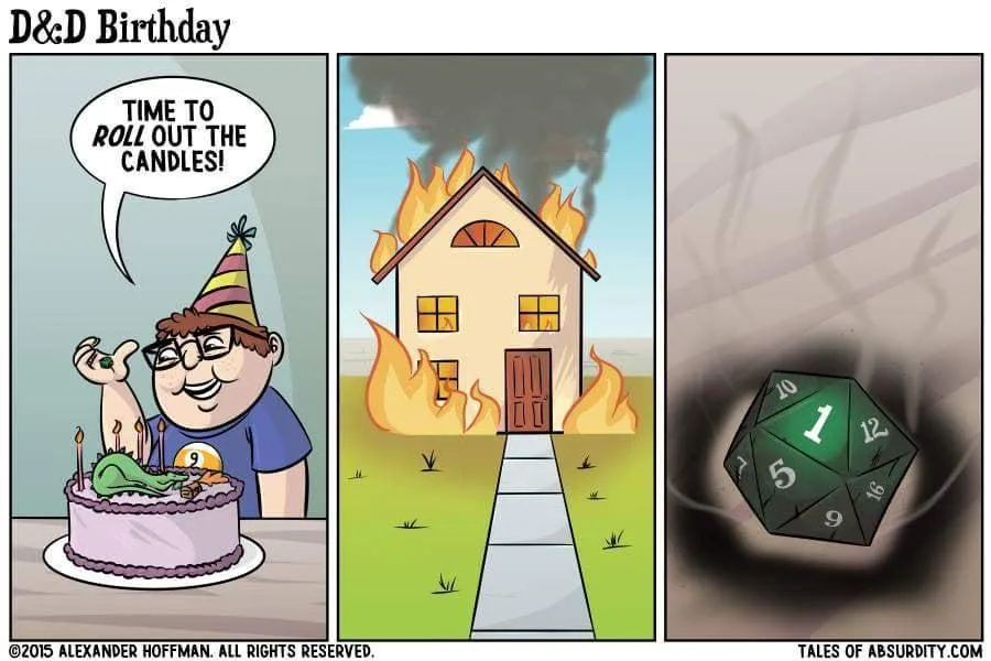 A three-panel comic titled 'D&D Birthday' shows a man in a party hat celebrating with a birthday cake featuring a green…