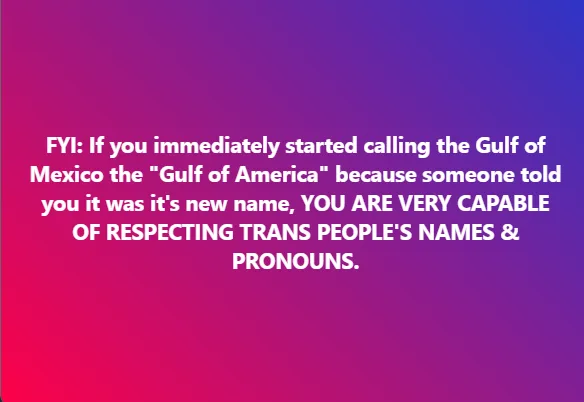 A gradient background of pink and purple with white text that reads: 'FYI: If you immediately started calling the Gulf of…