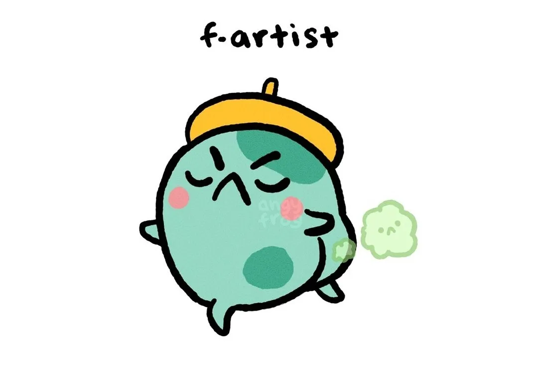 A cute, round, teal-colored cartoon character with a yellow beret, closed eyes, and a smug expression, exhaling a small…
